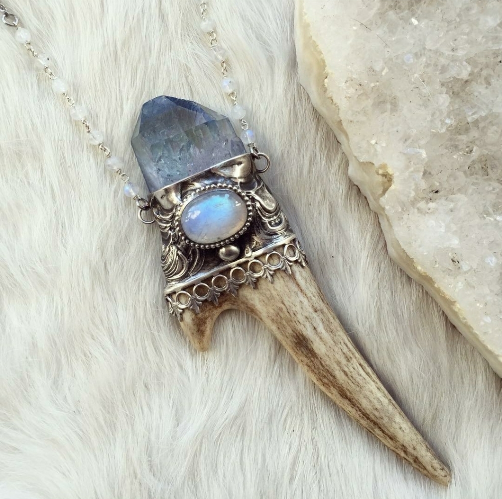 Artisan Silver and Blue Crystal Horn Necklace